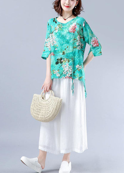Art O Neck Asymmetric Tunic Pattern Green Plant Printing Dresses Blouses