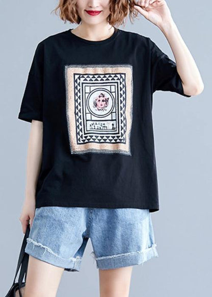 Art O Neck Cotton Clothes for Tunic Black Geometric Blouses