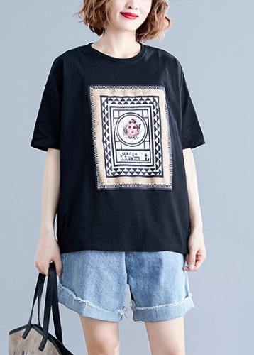 Art O Neck Cotton Clothes for Tunic Black Geometric Blouses