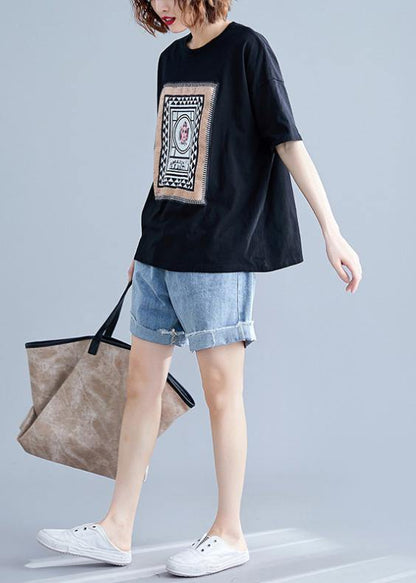 Art O Neck Cotton Clothes for Tunic Black Geometric Blouses