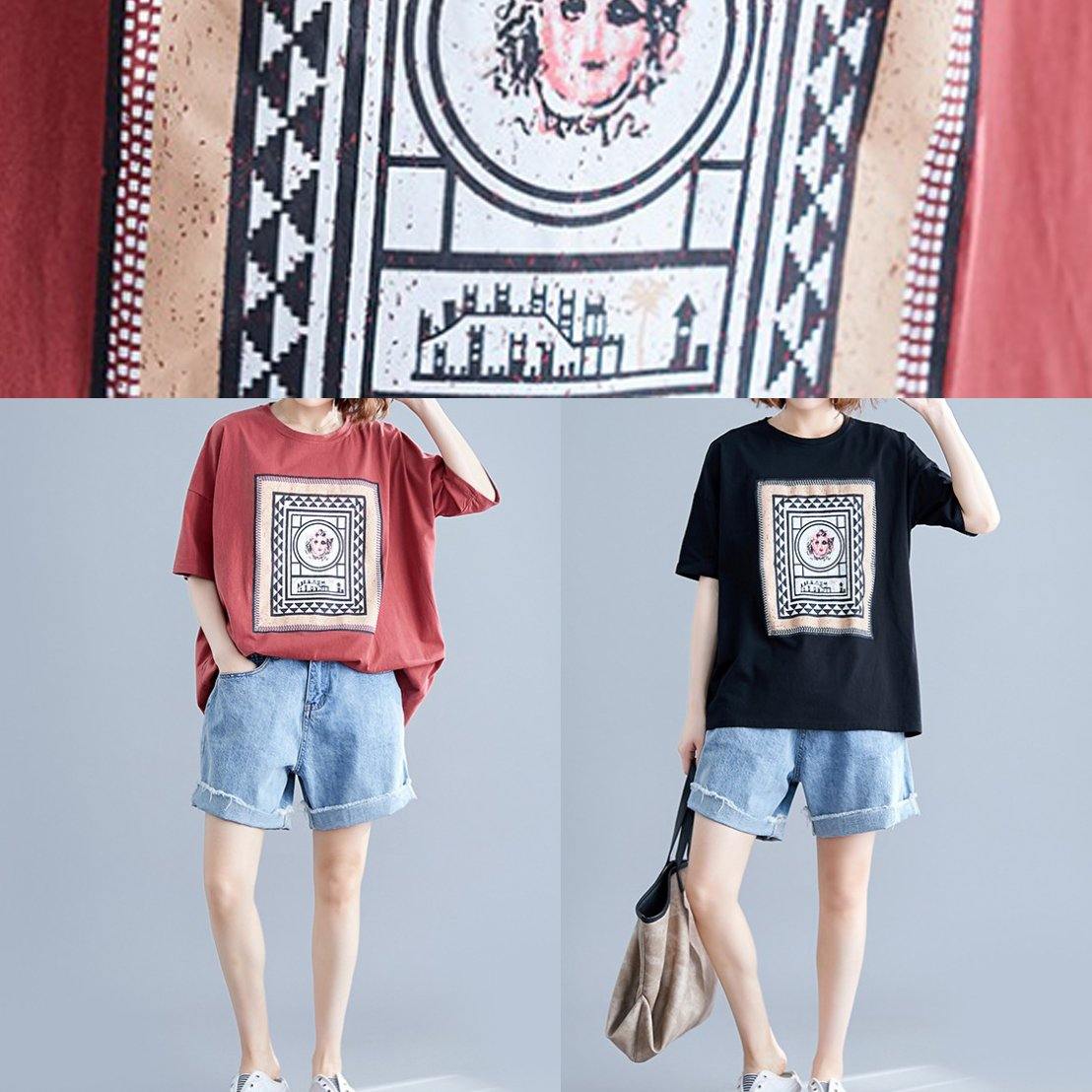 Art O Neck Cotton Clothes for Tunic Black Geometric Blouses