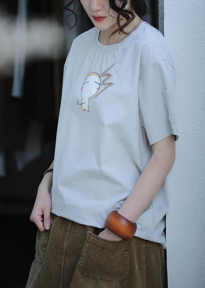 Art O Neck Cotton Summer Pattern Photography Print Blouse