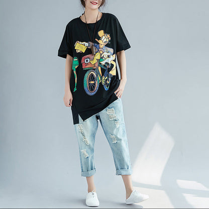 Art O Neck Cotton Tops Fine Design Black Print Baggy Tops