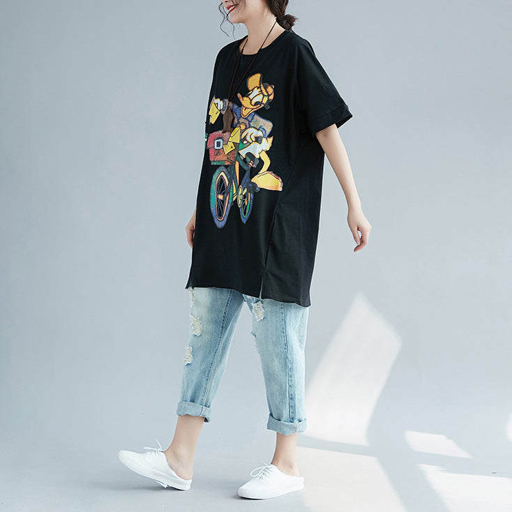 Art O Neck Cotton Tops Fine Design Black Print Baggy Tops