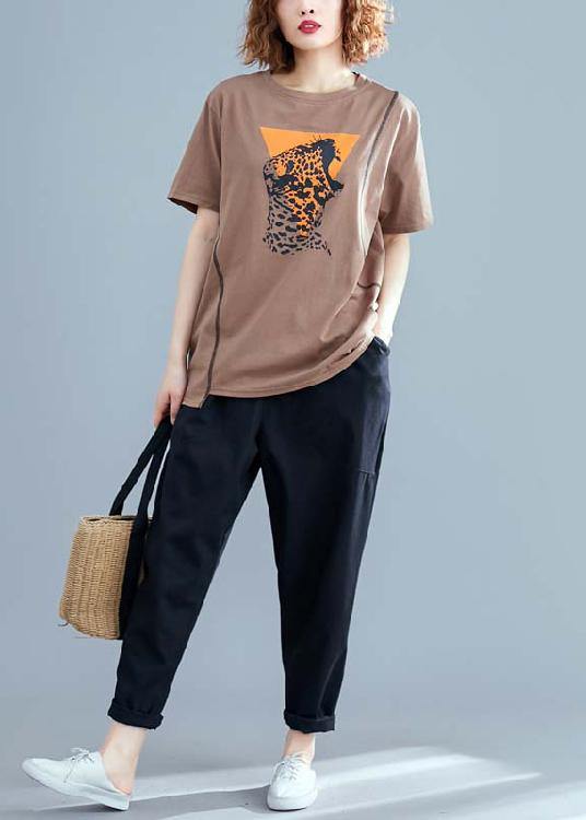 Art O Neck Cotton Tunic Shape Chocolate Print Top Summer