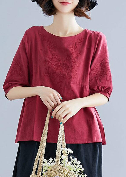Art O Neck Embroidery Cotton Blouse Sewing Burgundy Shirt Summer