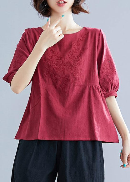 Art O Neck Embroidery Cotton Blouse Sewing Burgundy Shirt Summer