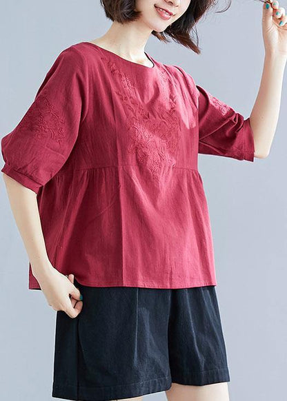 Art O Neck Embroidery Cotton Blouse Sewing Burgundy Shirt Summer