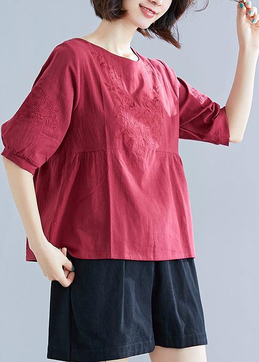 Art O Neck Embroidery Cotton Blouse Sewing Burgundy Shirt Summer