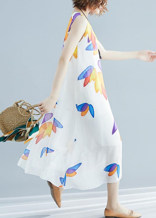 Art O Neck False Two Pieces Chiffon Dresses White Print Dresses Summer