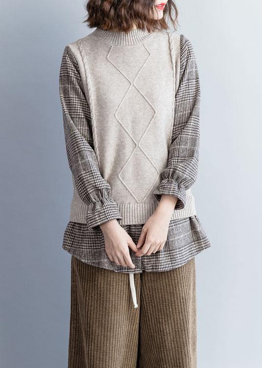 Art O Neck False Two Pieces Cotton Tunic Pattern Fabrics Chocolate Plaid Shirt Fall