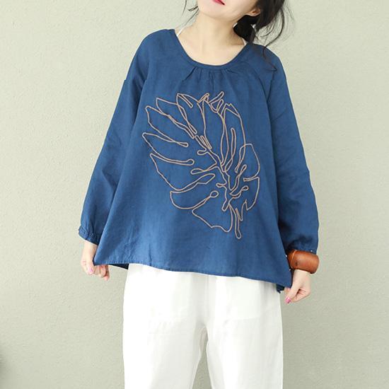 Art O Neck Linen Blouse Indian Shape Blue Printing Tops