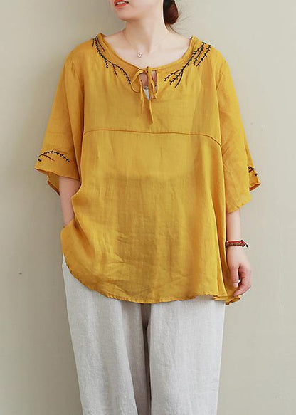 Art O Neck Linen Blouse Wardrobes Yellow Embroidery Tops