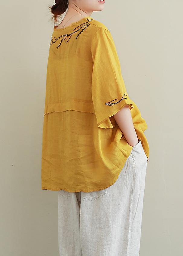 Art O Neck Linen Blouse Wardrobes Yellow Embroidery Tops
