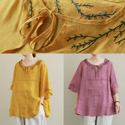 Art O Neck Linen Blouse Wardrobes Yellow Embroidery Tops