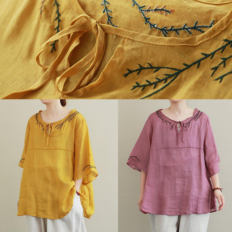 Art O Neck Linen Blouse Wardrobes Yellow Embroidery Tops