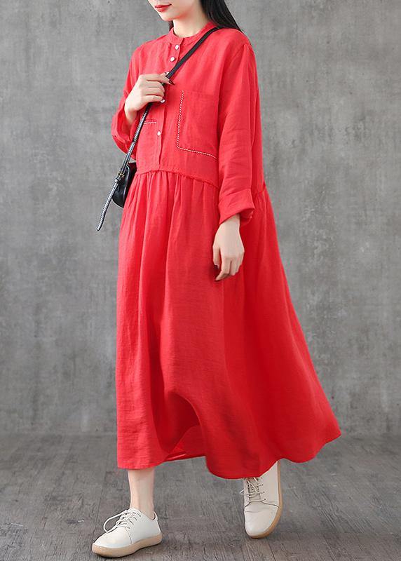Art O Neck Patchwork Linen Wardrobes Sewing Red Dresses Spring