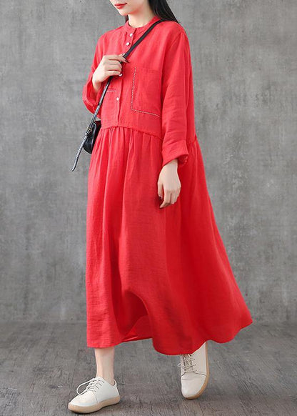Art O Neck Patchwork Linen Wardrobes Sewing Red Dresses Spring