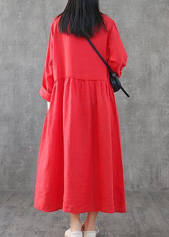 Art O Neck Patchwork Linen Wardrobes Sewing Red Dresses Spring