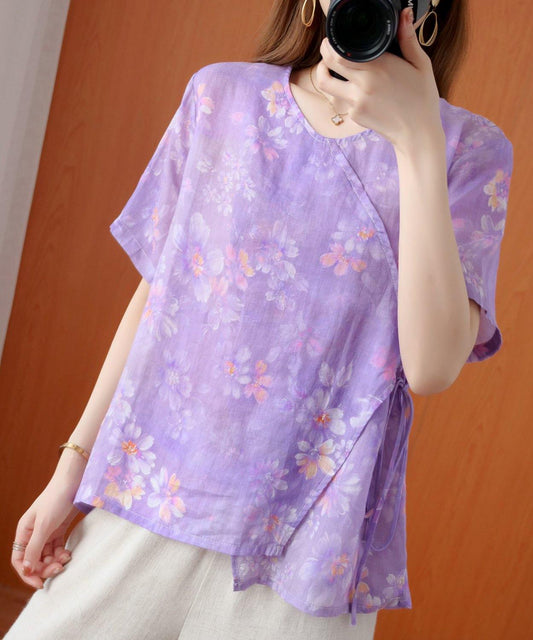 Art O Neck Tie Waist Blouse Wardrobes Purple Print Shirt