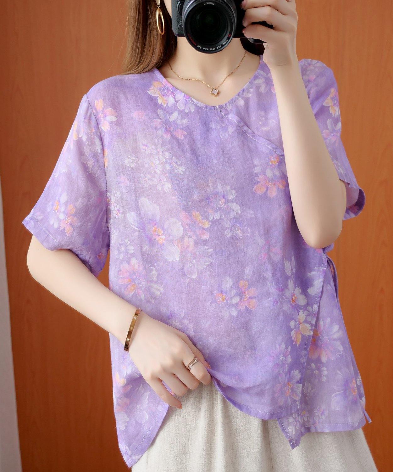 Art O Neck Tie Waist Blouse Wardrobes Purple Print Shirt