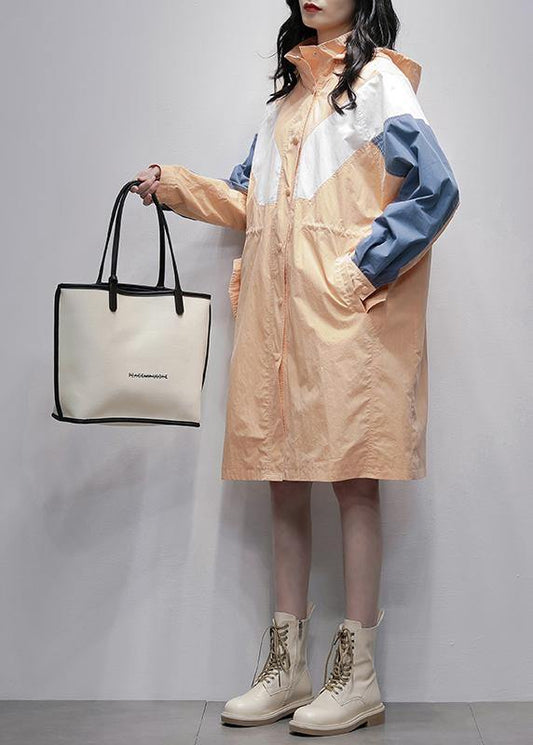 Art Orange Coats Blouses Fabrics Hooded Zippered Patchwork Outwears