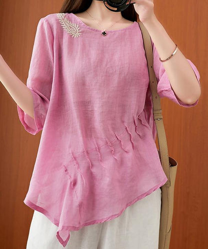 Art Pink Embroidery Blouse O Neck Cinched Silhouette Blouse
