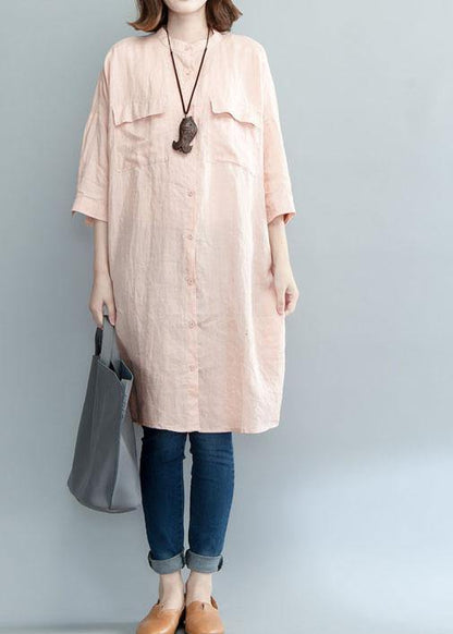 Art Pink Linen Dresses Stand Collar Baggy Summer Shirt Dress