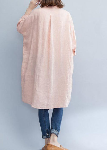 Art Pink Linen Dresses Stand Collar Baggy Summer Shirt Dress