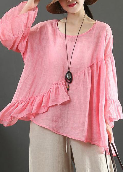 Art Pink Linen Tops O Neck Ruffles Silhouette Summer Blouses