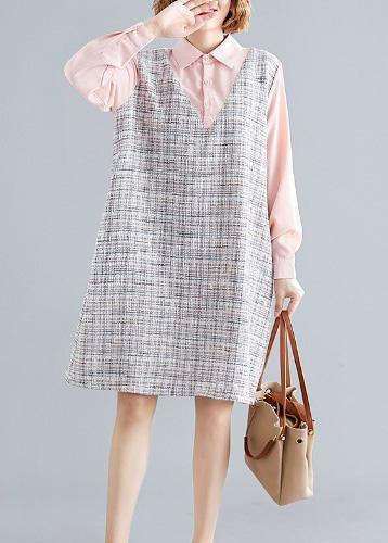 Art Pink Patchwork Plaid Linen Clothes for Long Sleeve False Two Pieces Shift Fall Dress