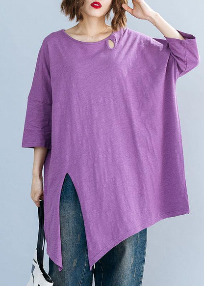Art Purple O Neck Cotton Box Top Asymmetric Hem Clothing Summer Top