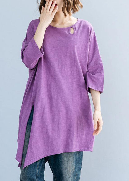 Art Purple O Neck Cotton Box Top Asymmetric Hem Clothing Summer Top