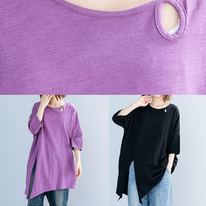 Art Purple O Neck Cotton Box Top Asymmetric Hem Clothing Summer Top