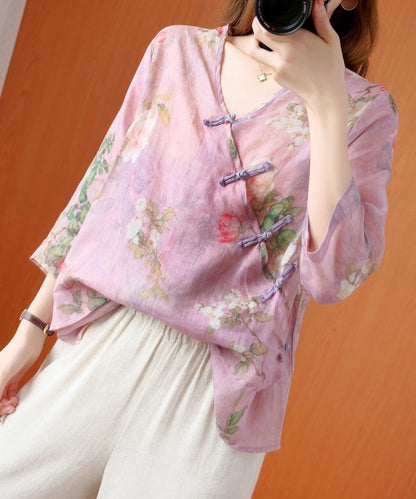 Art Purple Print Shirts V Neck Asymmetric Knee Summer Shirts