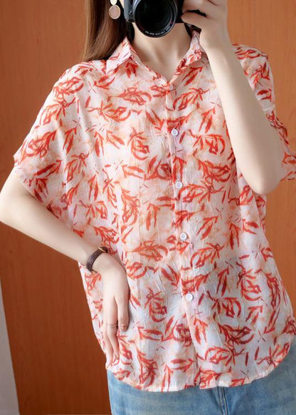 Art Red Plant Printing Blouse Lapel Silhouette Summer Shirts