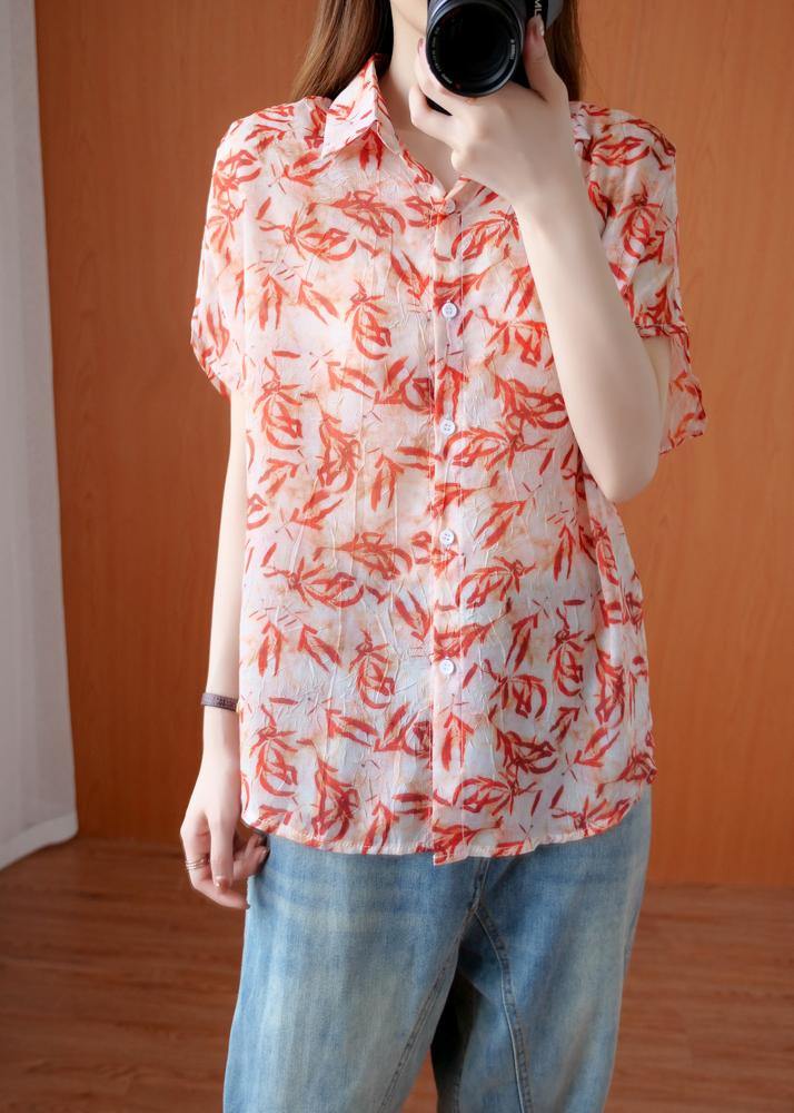 Art Red Plant Printing Blouse Lapel Silhouette Summer Shirts