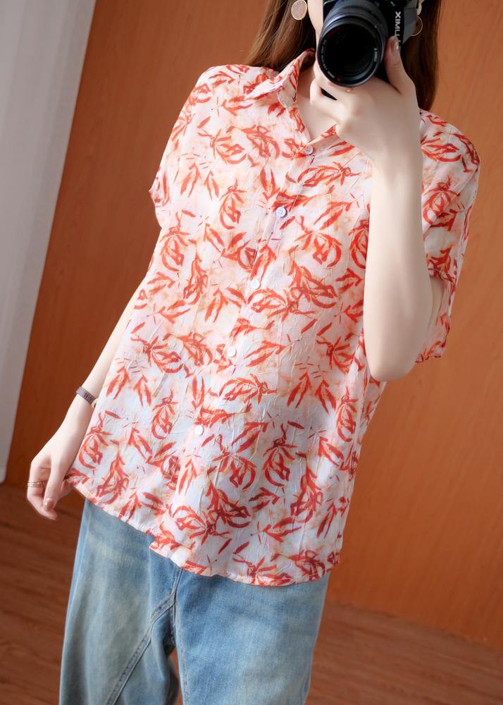 Art Red Plant Printing Blouse Lapel Silhouette Summer Shirts