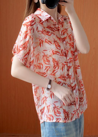 Art Red Plant Printing Blouse Lapel Silhouette Summer Shirts
