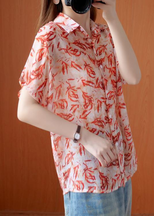 Art Red Plant Printing Blouse Lapel Silhouette Summer Shirts