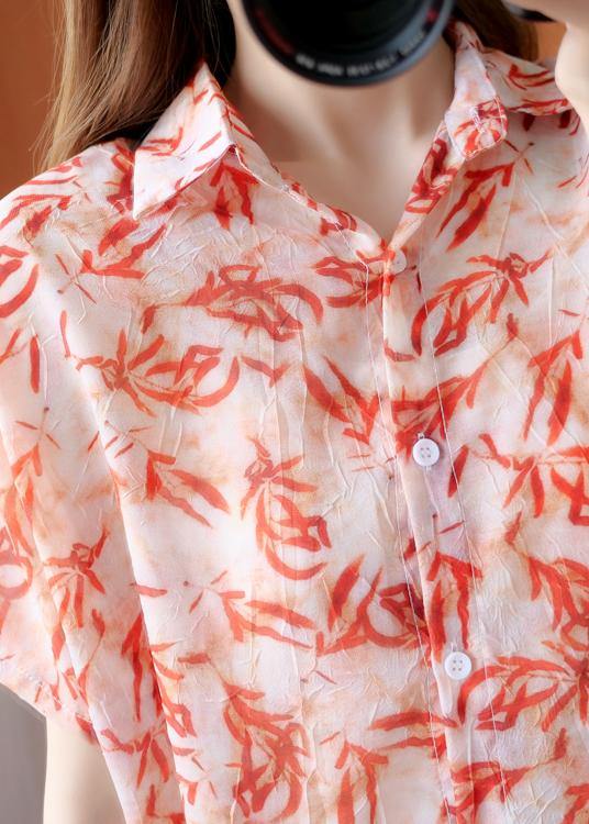 Art Red Plant Printing Blouse Lapel Silhouette Summer Shirts