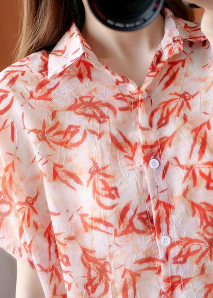 Art Red Plant Printing Blouse Lapel Silhouette Summer Shirts