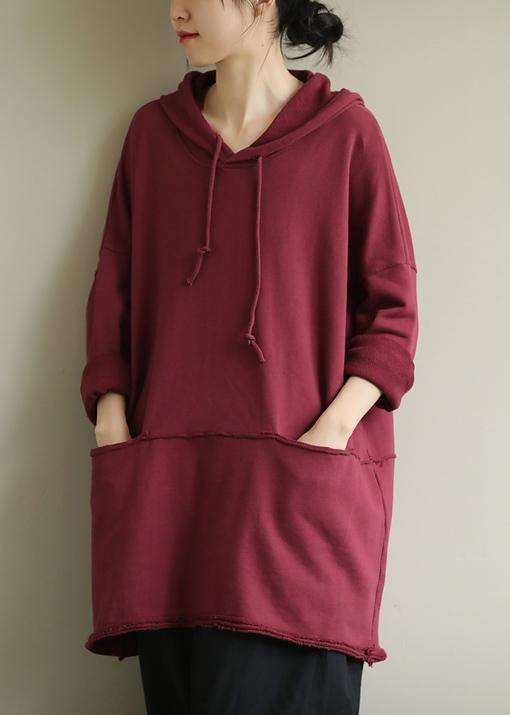 Art Red Blouses for Hooded Drawstring Oversized Fall Top