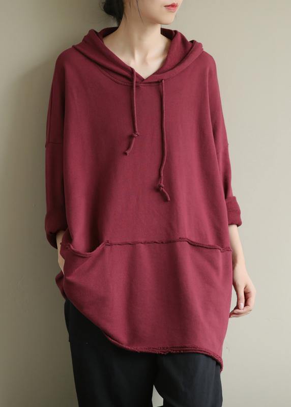 Art Red Blouses for Hooded Drawstring Oversized Fall Top