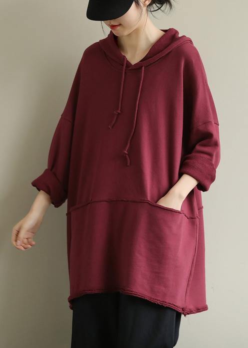 Art red blouses for women hooded drawstring oversized fall top