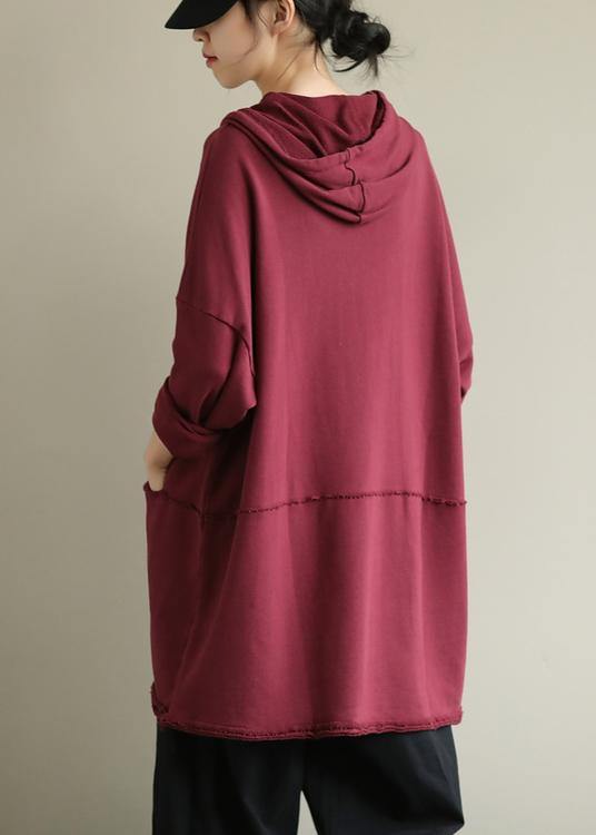 Art red blouses for women hooded drawstring oversized fall top