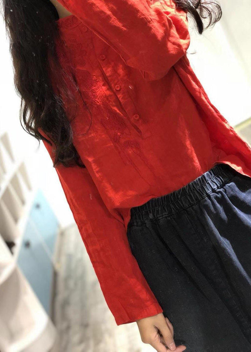 Art Red Embroidery Linen Clothes Stand Collar Oversized Fall Tops