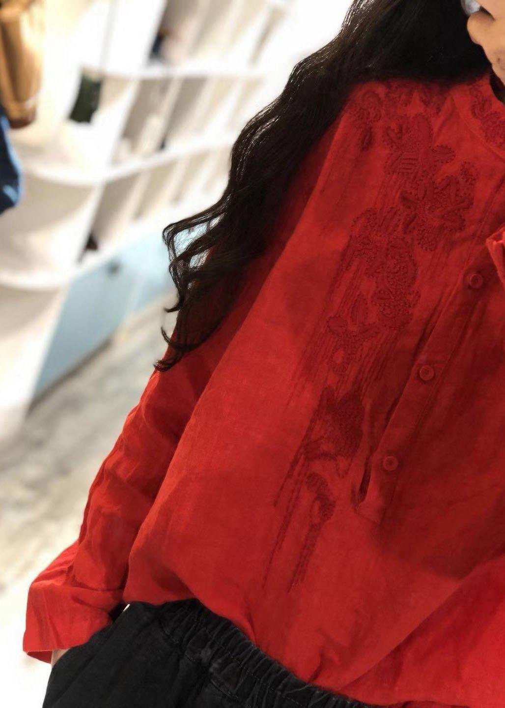Art red embroidery linen clothes stand collar oversized fall tops