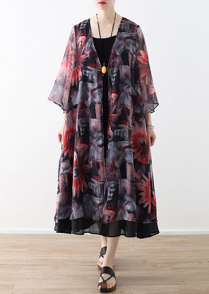 Art Red Printed Chiffon Coat Robe Summer Dresses Cardigan