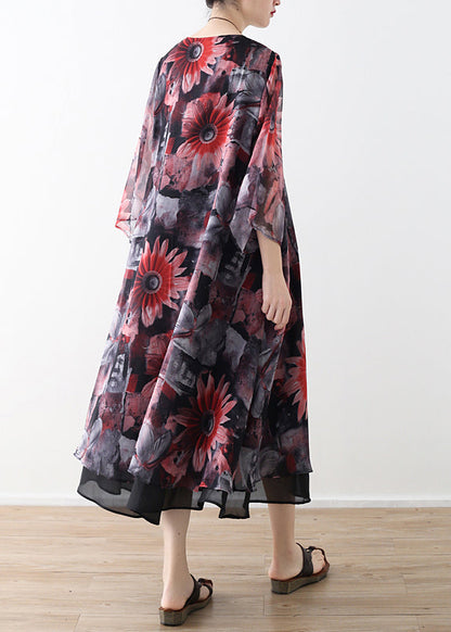 Art Red Printed Chiffon Coat Robe Summer Dresses Cardigan